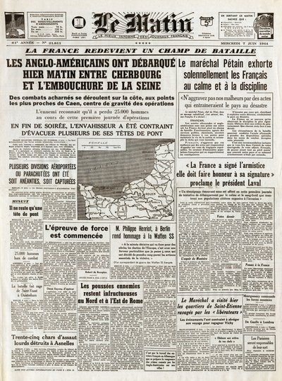 Normandian maihinnousu kesäkuu 1944 - Normandian maihinnousu 6. kesäkuuta 1944 (D-päivä) - Aamulla, torstaina 7. kesäkuuta 1944, angloamerikkalaiset lähtivät eilen aamulla Cherbourgin ja Seinen suulta tekijältä French School