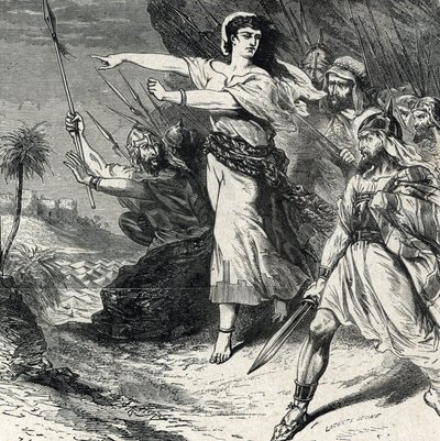 Debora johdattaa Jabinin, Kanaanin kuninkaan, sortamaa Israelin kansaa taistelemaan. Kaiverrus "Pyhästä historiasta", Lahure 1800-luvun yksityiskokoelmasta tekijältä French School