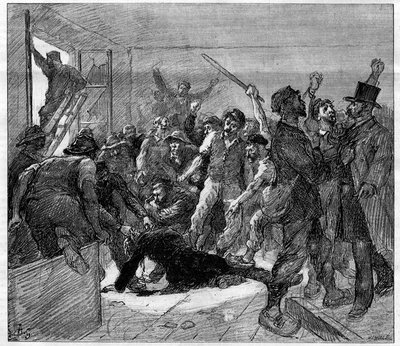 Decazevillen (Aveyron) kaivostyöntekijät lakkoivat vuonna 1886: Grevistit murhasivat insinööri Watrinin. Kaiverrus kirjassa "" Le Monde Illustré", 6. helmikuuta 1886. tekijältä French School