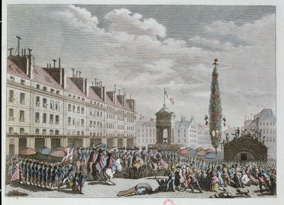 Perustuslain julistus, Place des Innocents, Pariisi, syyskuu 1791, 1791 (värikaiverrus) tekijältä French School