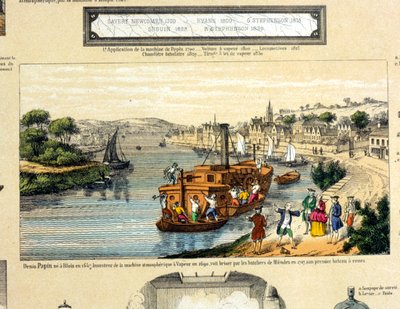 Denis Papin (1647-1712) katsomassa, kuinka Muendenin veneilijät tuhosivat siipikaavansa vuonna 1707 tekijältä French School