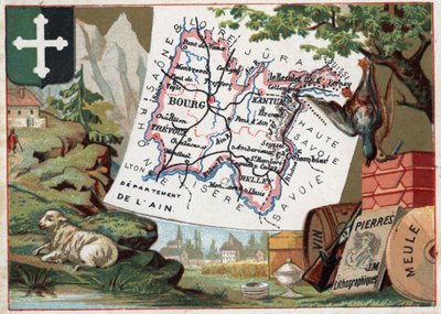 Ainin laitos (01), Rhône-Alpes (Rhône Alpes), Ranska. Paikallinen erikoisuus: jalostus, metsästys, viini, hiomalaikka ja litografia. Sarja Ranskan departementeista. Kromolitografia (Chromo) "" maantieteellinen lanka"", noin 1920. Yksityinen kokoelma. tekijältä French School