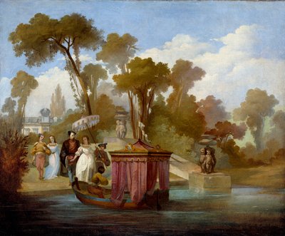 Lähtö kävelylle (1500-luvulla). Pari odottaa päästäkseen veneeseen katos. Anonyymi maalaus ranskalaisesta koulusta tekijältä French School