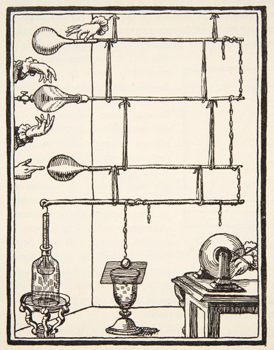 Descarges electriques dan lai rarefie, 1753, kopio Boris Mestchersky (k. 1957) kuvitus Histoire de la Nation Francaise, Sciences, Volumes I & II, kirjoittanut Gabriel Hanotaux (1853-1944), 1924 (lith) tekijältä French School