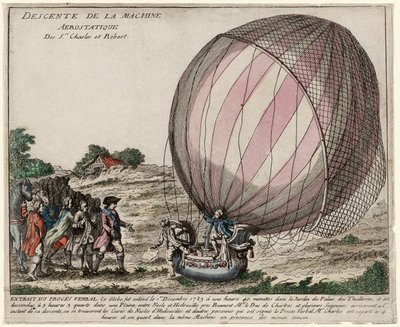 Srs:n aerostaattisen koneen laskeutuminen Charles ja Robert, pubi. 1783 (käsinvärinen kaiverrus) tekijältä French School