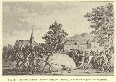 Ensimmäisen vetypallon laskeutuminen Gonesseen, missä talonpojat repivät sen palasiksi (kaiverrus) tekijältä French School