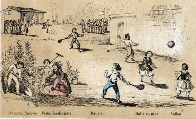 Lasten vapaa-ajan ja pelien kuvaus: pallo- ja pallopelit (pallo seinään, kämmenpeli) ja puutarhanhoito. Levy "" les jeux de l