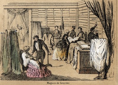 Kulttuuri- ja silkkituotteiden kuvaus: silkkikauppa. Levy "" la soie"" in "" les Recreations instructives"" Jules DELBRUCKin synoptinen maalaus, kaiverrus vuodelta 1860. Yksityinen kokoelma. tekijältä French School