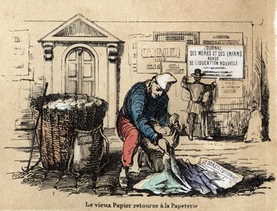 Kuvaus eri tuotteista ja paperin käyttötavoista: vanha paperi poimitaan uudelleen rievuksi. Levy "" Le papier et ses produits"" in "" les Recreations instructives"" Jules Delbruckin synoptique-maalaus, kaiverrus vuodelta 1860. Yksityinen kokoelma. tekijältä French School