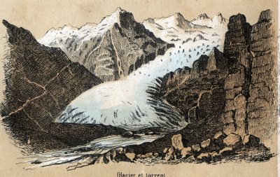 Kuvaus erityyppisistä maisemista ja reliefeistä maantieteellisestä sijainnista riippuen: yksityiskohta, joka kuvaa jäätikköä (tai jäämerta) vuoristossa. Levy "" Physical Geography"" julkaisussa "" les Recreations instructives"" Jules DELBRUCKin synoptinen  tekijältä French School
