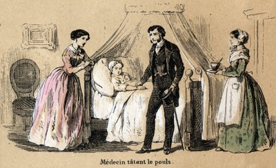 Kuvaus viidestä aistista: kosketus, lääkäri taputtelee sairaan tytön pulssia. Levy "" Les cinq sens"" in "" les Recreations instructives"" Jules Delbruckin synoptinen maalaus, kaiverrus vuodelta 1860. Yksityinen kokoelma. tekijältä French School
