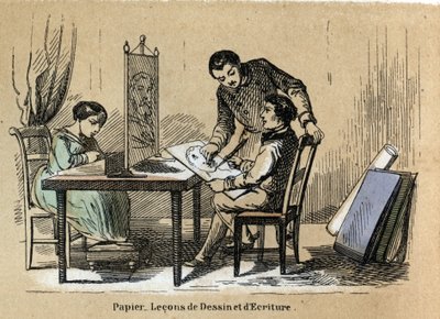 Kuvaus eri tuotteista ja paperin käyttötavoista: piirustus- ja kirjoituskenttä. Levy "" Le papier et ses produits"" in "" les Recreations instructives"" Jules Delbruckin synoptique-maalaus, kaiverrus vuodelta 1860. Yksityinen kokoelma. tekijältä French School
