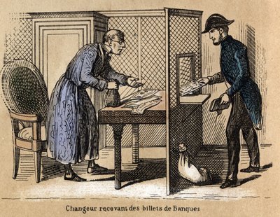 Kuvaus paperin eri tuotteista ja käyttötavoista: tapahtuma pankissa, pankkiiri vastaanottaa paperisetelit. Levy "" Le papier et ses produits"" in "" les Recreations instructives"" Jules Delbruckin synoptique-maalaus, kaiverrus vuodelta 1860. Priva tekijältä French School
