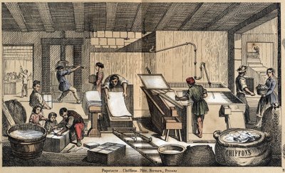 Kuvaus paperin eri tuotteista ja käyttötavoista: paperitavaratoiminta, paperin valmistus rievuista, massasta, muodoista ja puristimesta. Levy "" Le papier et ses produits"" in "" les Recreations instructives"" Synoptique maalaus Jules Delbruck, kaiverrus f tekijältä French School