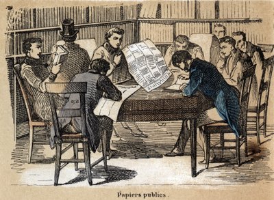 Kuvaus eri tuotteista ja paperin käyttötavoista: julkisten lehtien (sanomalehtien) lukeminen. Levy "" Le papier et ses produits"" in "" les Recreations instructives"" Jules Delbruckin synoptique-maalaus, kaiverrus vuodelta 1860. Yksityinen kokoelma. tekijältä French School