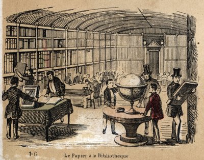Kuvaus eri tuotteista ja paperin käyttötavoista: näkymä paperiteoksia sisältävästä kirjastosta. Levy "" Le papier et ses produits"" in "" les Recreations instructives"" Jules Delbruckin synoptique-maalaus, kaiverrus vuodelta 1860. Yksityinen kokoelma. tekijältä French School