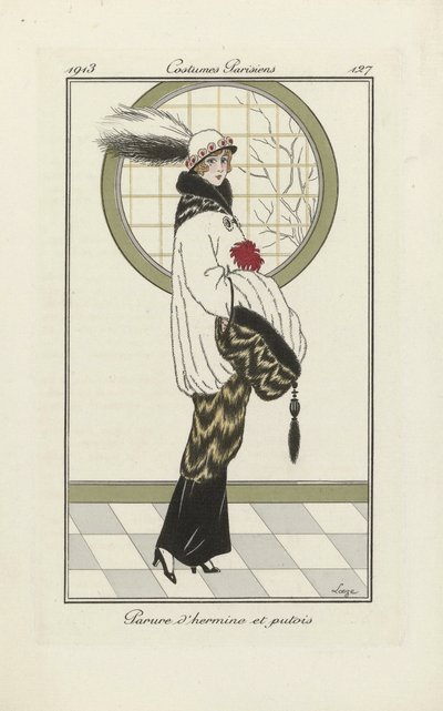 Suunnitelma helmiäis- ja hillerikissayhtyettä varten, teoksesta Costumes Parisien, pub.1913 (pokkaripainatus). tekijältä French School