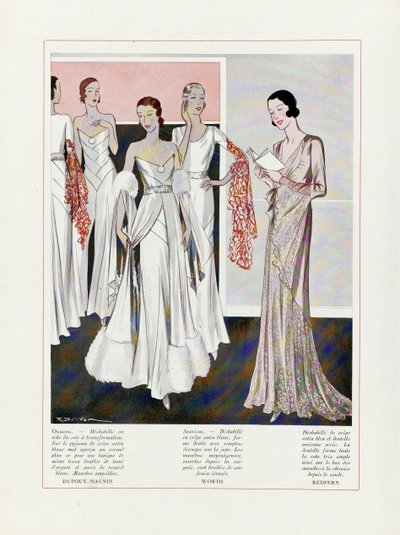 Suunnitteli iltapuvut Depouy-Magnin, Worth ja Redfern, pub. 1931 värilitografia. tekijältä French School
