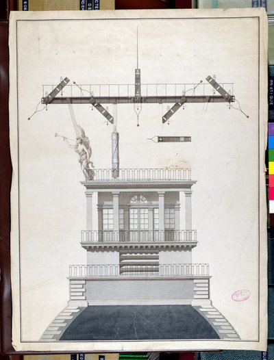 Suunnittelu Chappen lennätinasemalle yhteen Louvren kupoliin Pariisissa, 1800-luvun alussa (kynä ja muste ja wc paperilla) tekijältä French School