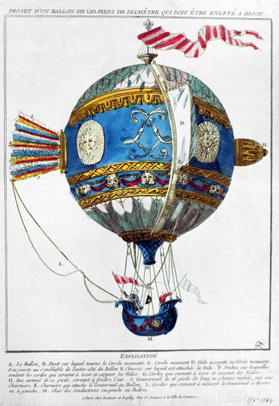 Suunnittelu kuumailmapallolle, jonka halkaisija on 120 jalkaa lentoon Dijonissa, n. 1784 (värikaiverrus) tekijältä French School