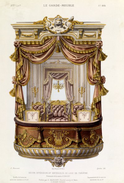 Suunnittelu teatterilaatikon sisä- ja ulkopuolelta, kuvitus Le Garde-Meuble -lehdestä, n. 1860 tekijältä French School