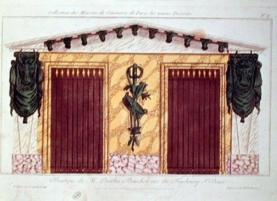 Suunnittelu lihakaupan julkisivuun, sarjasta, joka kuvaa Pariisin parhaiten sisustettuja liikerakennuksia, n. 1810 (värilitho) tekijältä French School