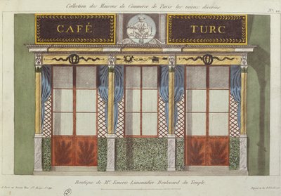 Suunnittelu Cafe Turcin julkisivulle sarjasta, joka kuvaa Pariisin parhaiten sisustettuja liikerakennuksia, n. 1810 tekijältä French School