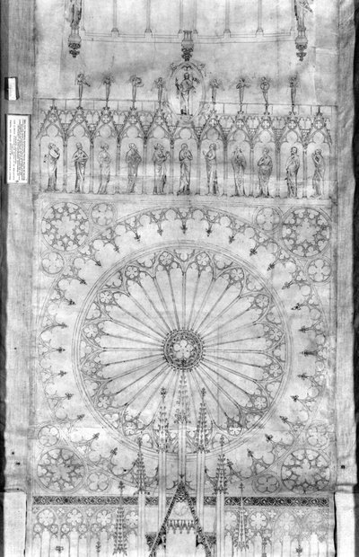 Suunnittelu ruusuikkunaan ja kuninkaiden galleriaan Strasbourgin katedraalin julkisivulle, n. 1380 (kynä & muste & guassi paperille) (katso yksityiskohta 207685) tekijältä French School