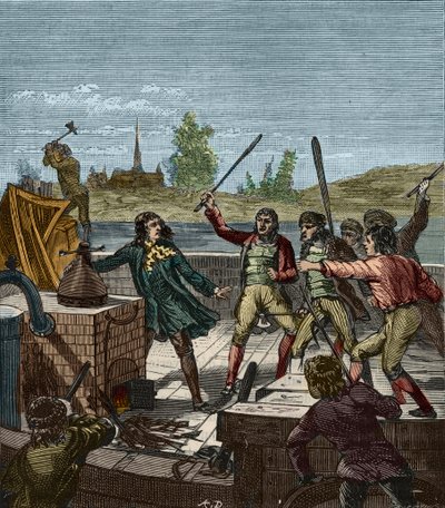 Papinin höyrylaivan tuhoutuminen - Denis Papin (1647-1712) katsomassa, kuinka siipilasi Höyrylaivansa tuhosivat Muendenin venemiehet vuonna 1707 - Les Bateliers de Munden murskaa höyrylaivan Denis Papinin (1647-1712) - Kaiverrus ulottuvilla. kaikista - tekijältä French School