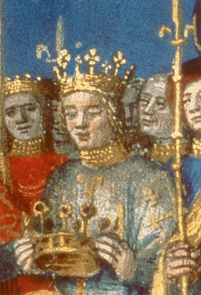 Yksityiskohta Fr 6465 f.247v Louis VIII:n (1187-1226) ja Blanche de Castilen kruunauksesta Reimsissä Jerusalemin kuninkaan (vellum) läsnäollessa (yksityiskohta 38990) tekijältä French School