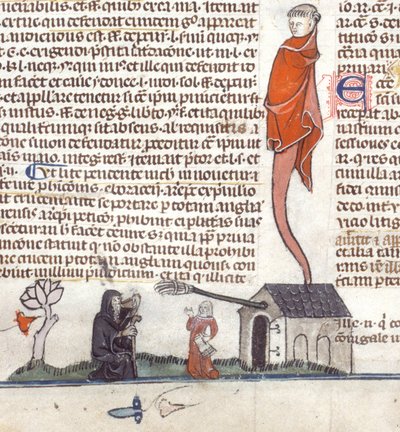 Yksityiskohta bas-de-page-kohtauksesta erakosta, joka istuu tavernan ulkopuolella juomassa olutta, n. 1300-1340 (muste pergamentille) tekijältä French School