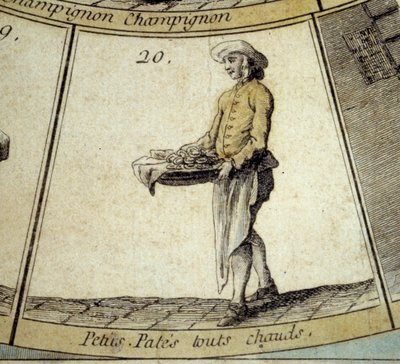 Yksityiskohta Cree of Paris -hanhipelistä: kuuman pastan kauppias. Kaiverrus 1700-luvulta. Coll. Lähde. tekijältä French School