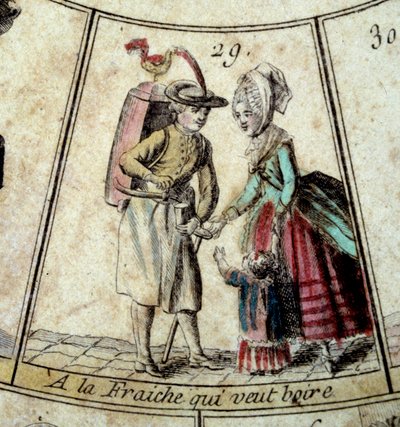 Yksityiskohta Goose of the Cree of Paris -pelistä: meijeri ja veden kantaja. Kaiverrus 1700-luvulta. Coll. Lähtemässä. tekijältä French School