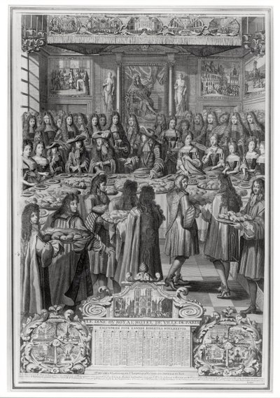 Ludvig XIV:n (1638-1715) illallinen Hotel de villessä, 30. tammikuuta 1687, vuoden 1688 kalenterista tekijältä French School
