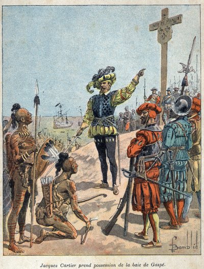 Tutustu Kanadaan: Jacques Cartier (1491-1557), ranskalainen navigaattori ja tutkimusmatkailija otti haltuunsa Gaspen lahden ja erige ristin 24. heinäkuuta tekijältä French School