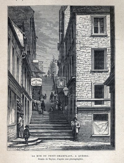 Tutustu Kanadaan: Rue du Peute Champlain (Petity-Champlain) Quebecissä. Taylorin piirustus valokuvasta. Kaiverrus 1800-luvun lopusta Eugene Gueninin teokseen "La nouvelle France". tekijältä French School