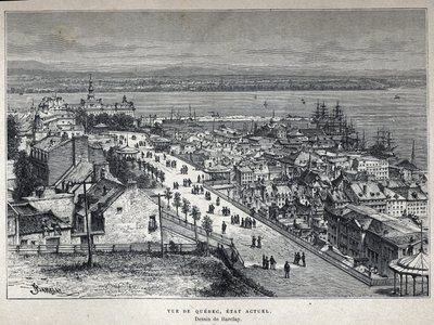 Tutustu Kanadaan: näkymä Quebecin kaupunkiin 1800-luvun lopulla. Barclay piirustus. Kaiverrus 1800-luvun lopusta Eugene Gueninin teokseen "La nouvelle France". tekijältä French School