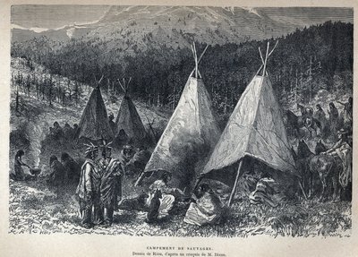 Löysi Kanadan: Amerikan intiaanileiri t-piipillä. Rioun piirustus Dixonin luonnoksesta. Kaiverrus 1800-luvun lopusta Eugene Gueninin teokseen "La nouvelle France". tekijältä French School
