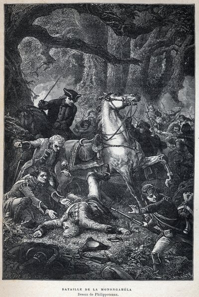 Löytyi Kanada: Monongahelan taistelu vuonna 1755 seitsemänvuotisen sodan aikana. Piirustus Philippoteaux. Kaiverrus 1800-luvun lopusta Eugene Gueninin teokseen "La nouvelle France". tekijältä French School