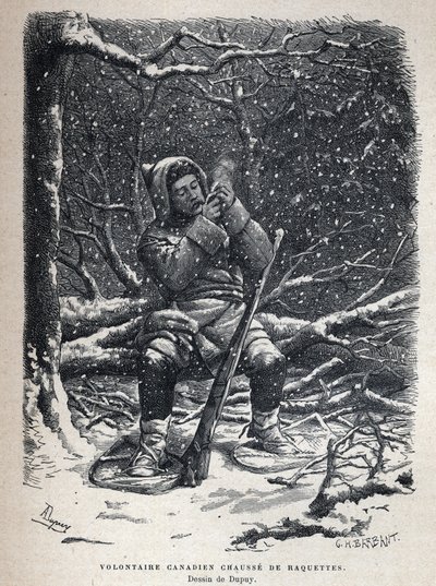 Löysi Kanadan: Kanadan armeijan vapaaehtoiset lumikengät. Piirustus Dupuy. Kaiverrus 1800-luvun lopusta Eugene Gueninin teokseen "La nouvelle France". tekijältä French School