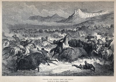 Löysi Kanadan: Sioux-biisonin metsästys. Gustave Doren piirustus Catlinin mukaan. Kaiverrus 1800-luvun lopusta Eugene Gueninin teokseen "La nouvelle France". tekijältä French School