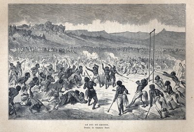 Löysi Kanadan: Urheilu. Amerikan intiaanien lacrosse-peli. Piirustus Gustave Dore. Kaiverrus 1800-luvun lopusta Eugene Gueninin teokseen "La nouvelle France". tekijältä French School