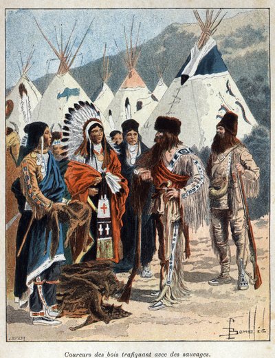 Löysi Kanadan: coureurs de bois, osallistui turkiskauppaan Amerikan intiaanien kanssa ja käytti kauppaa eläinten nahoilla 1600-luvulla. Kaiverrus 1800-luvun lopusta Eugene Gueninin teokseen "La nouvelle France". tekijältä French School