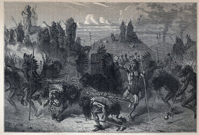 Löysi Kanadan: biisonin tanssi Mondanesissa. Kaiverrus 1800-luvun lopusta Eugene Gueninin teokseen "La nouvelle France". tekijältä French School