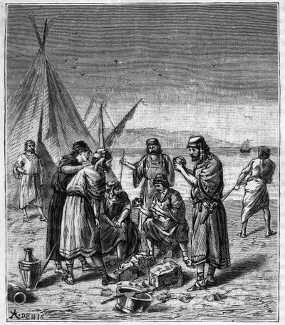 Löysi foinikialaisten kauppiaiden valmistaman lasin - Kaiverrus "Kaikkien saatavilla olevat tieteet - fysiikka ja kemia", kirjoittaja Alexis Clerc - 1800-luvun loppu - Yksityinen kokoelma tekijältä French School