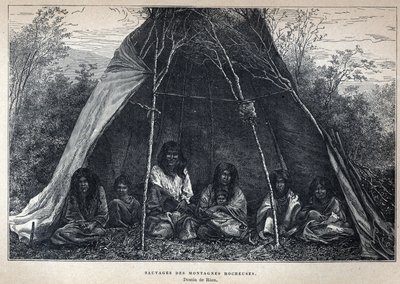 Kanadasta löydetty: Kalliovuorilla asuvat Amerikan intiaanit. Kaiverrus 1800-luvun lopusta Eugene Gueninin teokseen "La nouvelle France". tekijältä French School