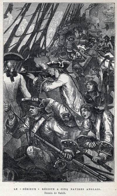 Löydettiin Kanadasta: Jacques Pierre de Taffanel de la Jonquiere (1685-1752) ranskalaisen laivaston upseeri ranskalaisen "" Le serieux" -aluksen johdossa vastusti viittä englantilaista alusta. Piirustus Sahib. Kaiverrus 1800-luvun lopulta kirjassa "La nouv tekijältä French School