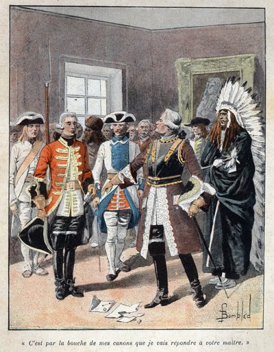 Löydettiin Kanadasta: Louis de Buade, Frontenacin kreivi (1622-1698) otti vastaan Massachusettsin siirtokunnan englantilaisen kuvernöörin (1651-1695) William Phipin lähettiläs ja vastasi hänelle: "" Aseideni suulla minä vastaa herrallesi" tekijältä French School