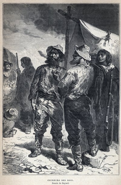 Löydetty Kanadasta: coureur des bois (osallistui turkiskauppaan amerikkalaisten kanssa). Bayardin piirustus. Kaiverrus 1800-luvun lopusta Eugene Gueninin teokseen "La nouvelle France". tekijältä French School