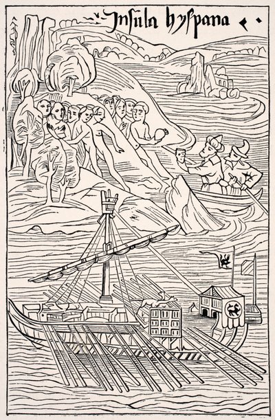 Santo Domingon löytö, Insula Hyspana, Christopher Columbus, Epistola Christoferi Colomin puukaiverruksen faksimile, Paul Lacroix -pubin Science and Literature in the Middle Ages. Lontoo 1878 tekijältä French School